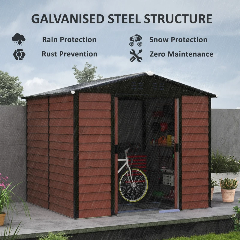 Outsunny 8' x 7' Outdoor Storage Shed, Galvanized Steel Metal Garden Shed with Lockable Doors, Floor Frame, Vents, Lock and Gloves for Backyard, Lawn, Patio, Teak