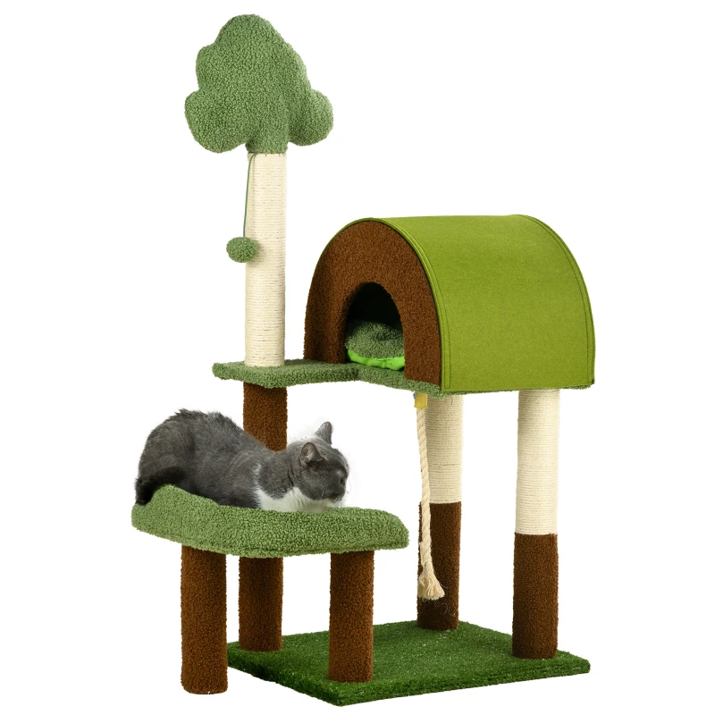 PawHut 42" Cat Tree with Scratching Posts, Cat Tower for Indoor Cats with Bed, House, Toy, Forest Themed, Green