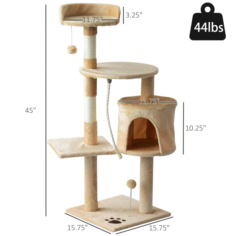 PawHut 45" Plush Sturdy Interactive Cat Condo Tower Scratching Post Activity Tree House - Beige/ White