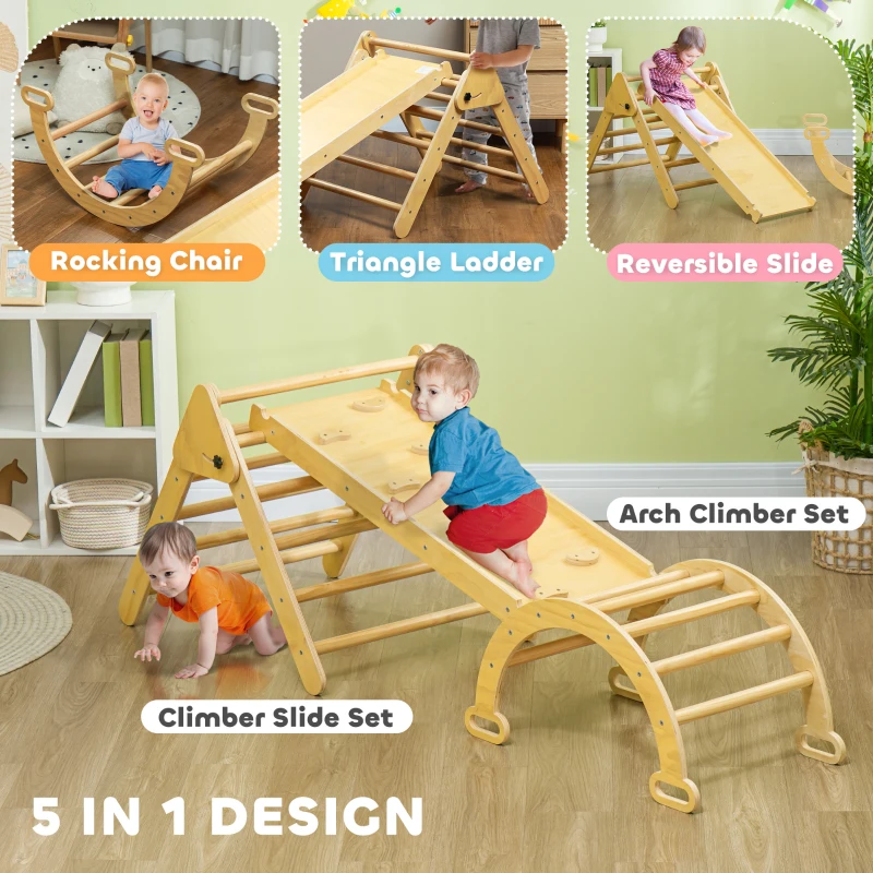 Qaba 5 in 1 Pikler Triangle Set with Ladder, Ramp, Arch, for 18-48 months, Nature Wood