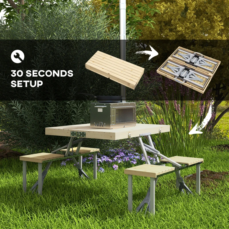 Outsunny Aluminum Frame Folding Picnic Table, Portable Camping Table and Chairs Set with Umbrella Hole