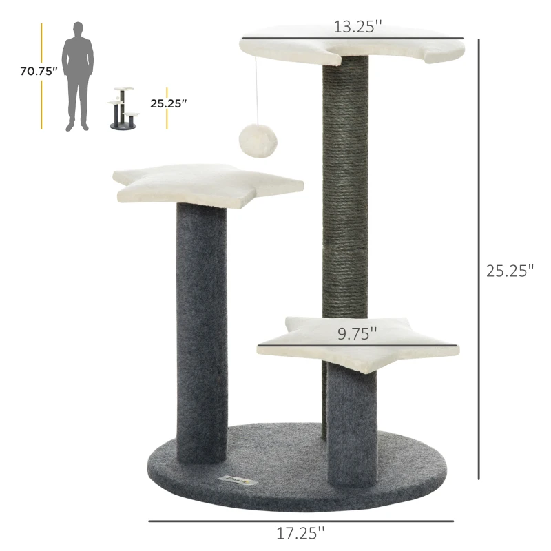 PawHut 30" Cat Tree Kitty Activity Center Climbing Toy Rest Pet Furniture with Sisal Scratching Post Moon Star Shaped Perch Hanging Ball Grey, White