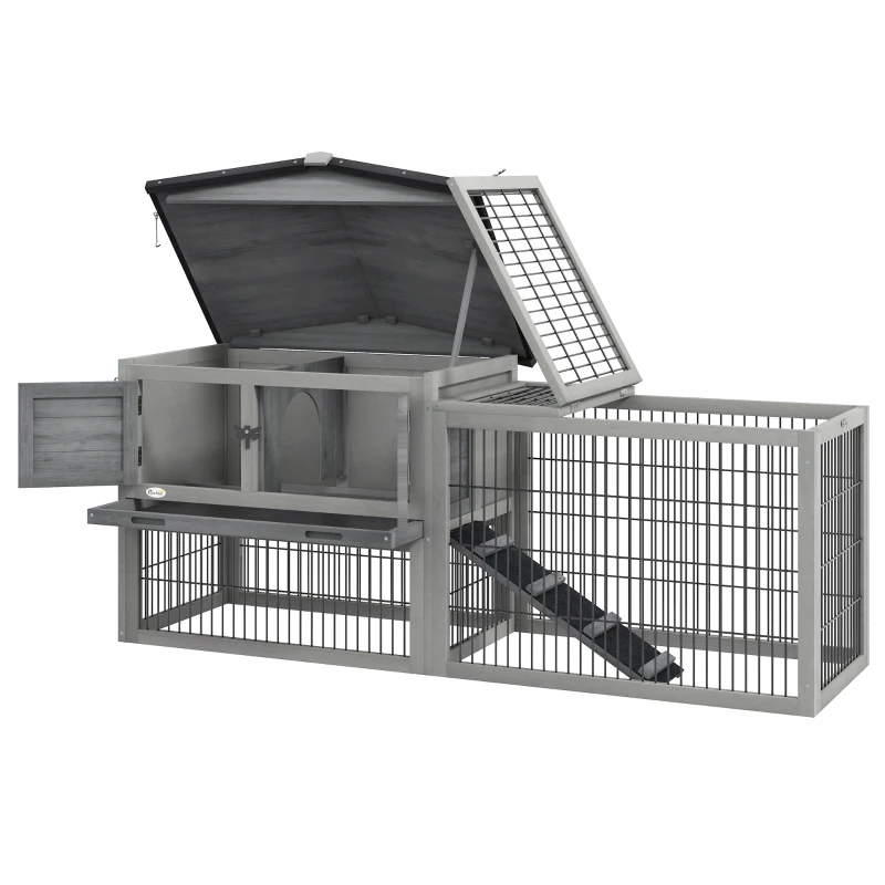 PawHut Wood Rabbit Hutch w/ Ramp, Openable Roof, Pull-out Tray, Light Grey