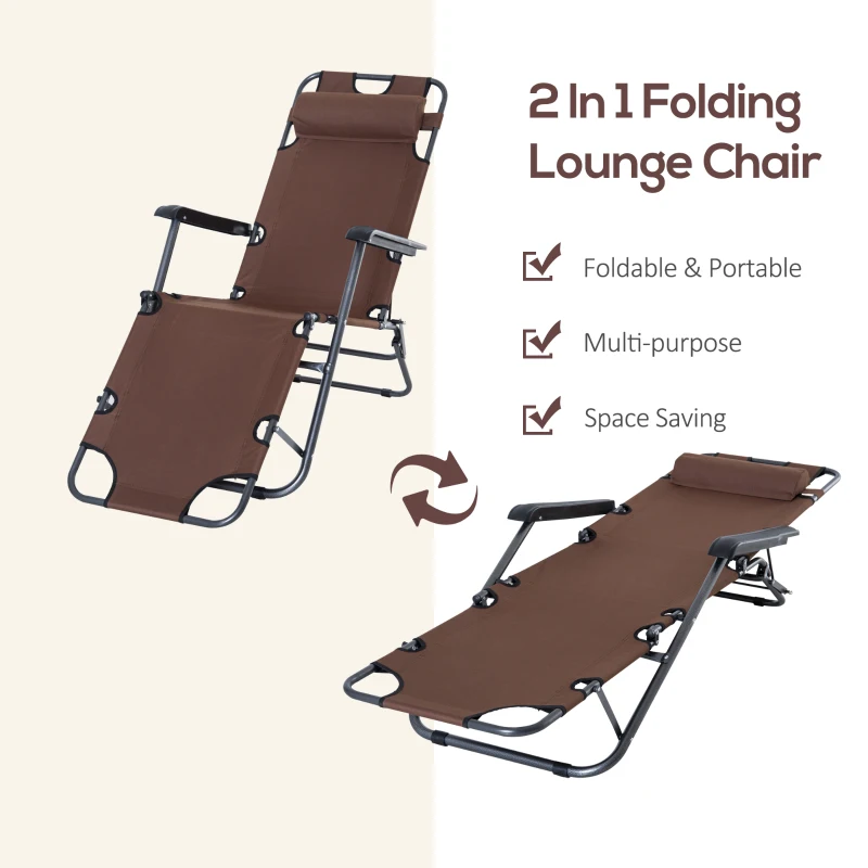 Outsunny Folding Chaise Lounge Chair, Outdoor Portable 2-Level Adjustable Recliner Zero Gravity Chair with Headrest Pillow, Armrests with Storage Mesh Pocket, Brown