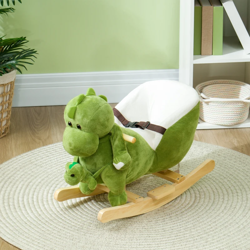 Qaba Rocking Horse, Ride on Dinosaur w/ Seat Belt, 32 Songs & Hand Puppet for 18-36 Months, Green