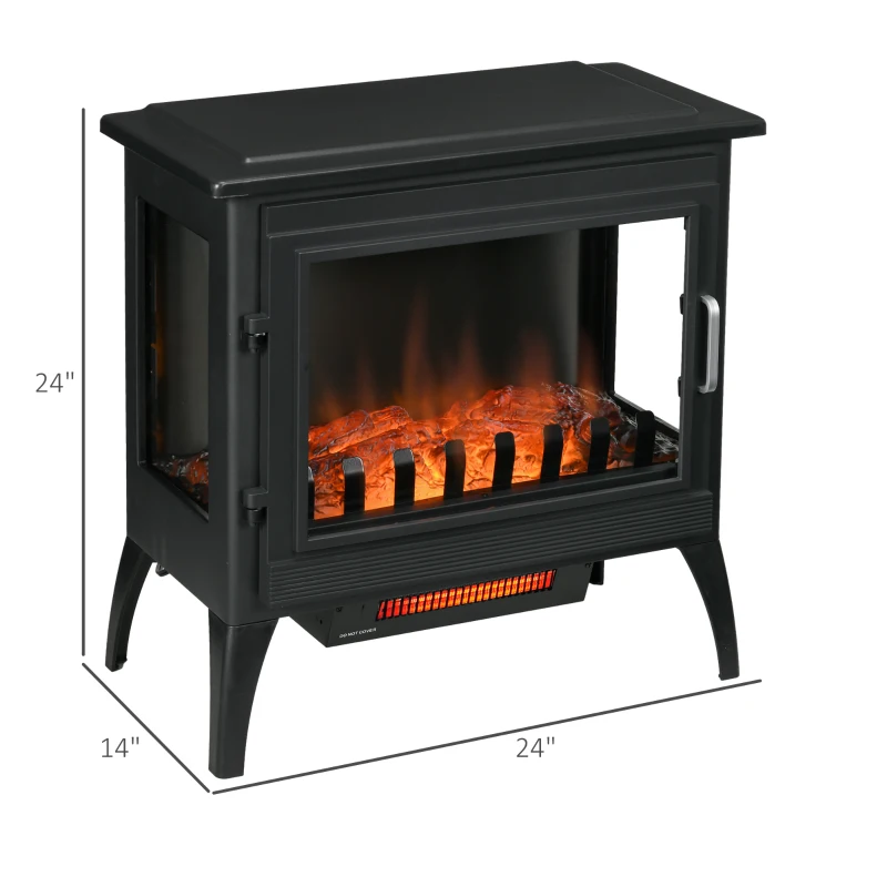 HOMCOM 24" Electric Fireplace Stove, Freestanding Infrared Fire Place Heater with Realistic Logs Flame, Adjustable Temperature, Overheat Protection, 1000W/1500W, Black