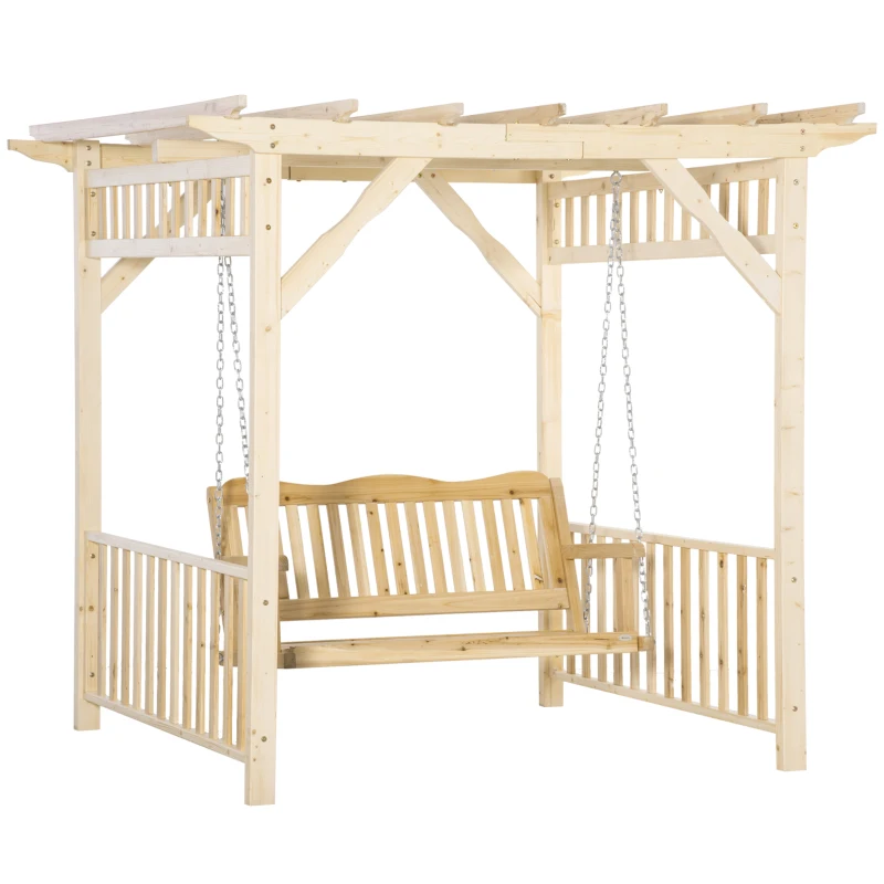 Outsunny Patio Swing Chair with Pergola, 2-Person Wooden Gazebo Swing Bench Sun Shelter for Garden, Poolside, Backyard, Deck