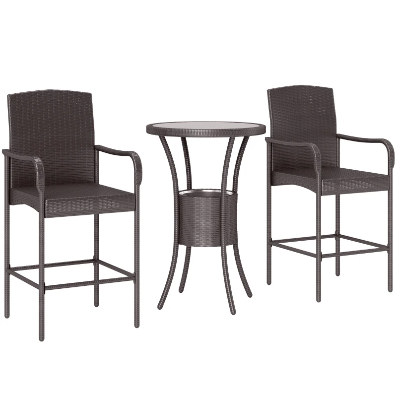 Outsunny 3 Pieces Patio Bar Set, Rattan Bistro Table and Chairs, Outdoor Conversation Furniture Set with Ice Bucket, Dark Brown
