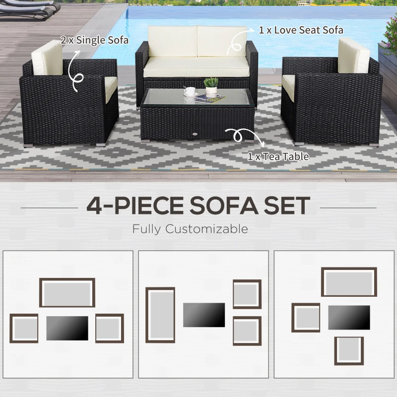 Outsunny 4 Piece Wicker Patio Furniture Set with Cushions, Outdoor Sectional Furniture with 2 Sofa, Loveseat, and Glass Top Coffee Table, Conversation Sofa Sets for Garden, White