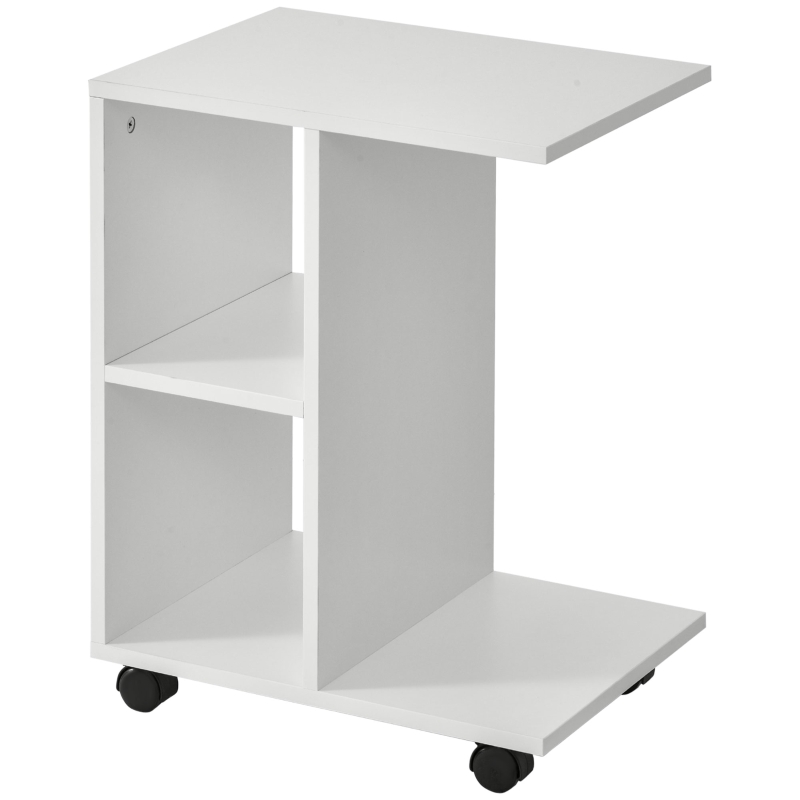 HOMCOM C-Shape Side Table End Table with Storage Open Shelf, Coffee Table on Wheels for Home Office Studio White