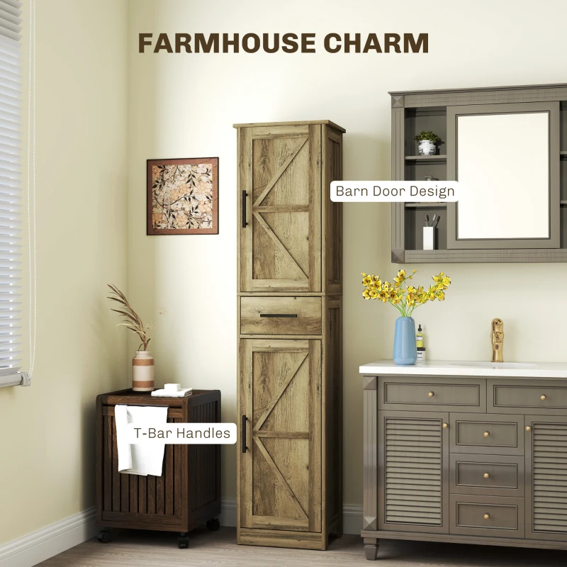 HOMCOM Farmhouse Linen Closet with Drawer, 67" Tall Bathroom Storage Cabinet with Barn Doors and Adjustable Shelves, Gray
