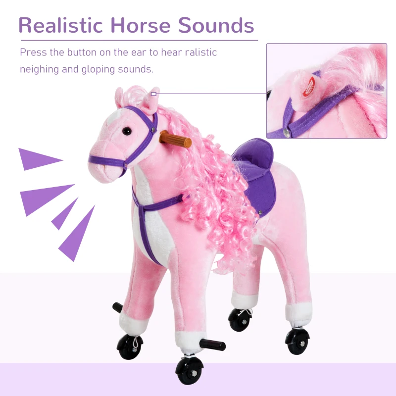 Qaba Kids Plush Ride On Toy Walking Horse with Wheels and Realistic Sounds, 30"H, Pink