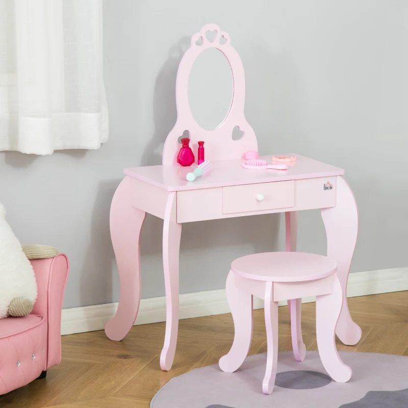 Qaba Kids Vanity Table Set with Mirror and Stool, Drawer, for 3-6 Years, Pink