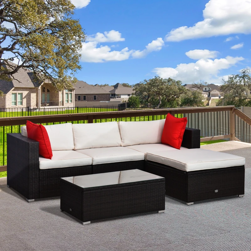 Outsunny 5-Piece Patio Furniture Set with Cushions, Outdoor PE Rattan Wicker Sofa Set, Sectional Furniture with Pillows, Glass Coffee Table for Garden, Backyard, Brown/Cream White