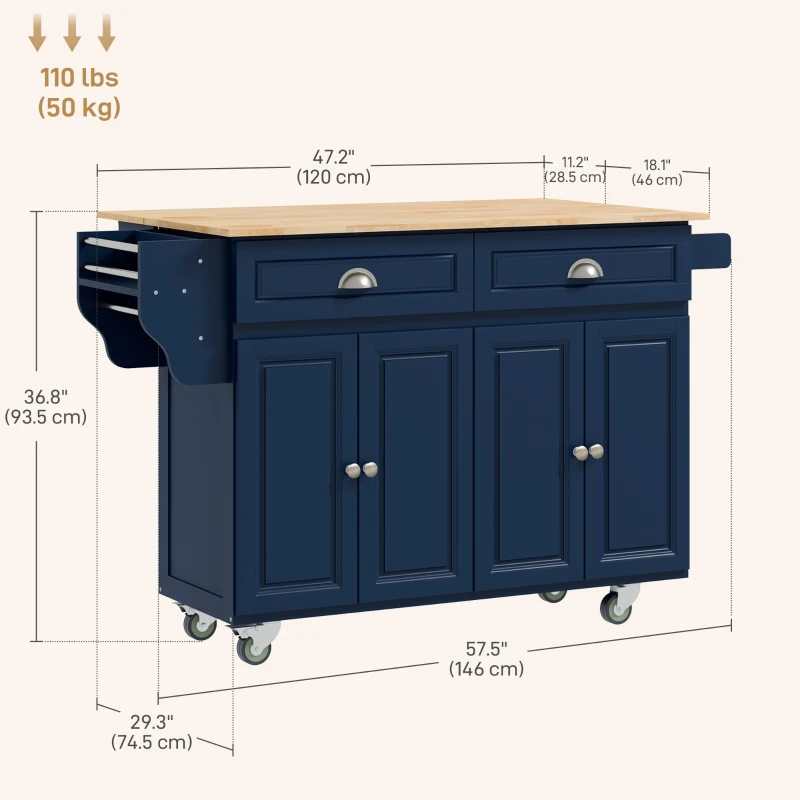 HOMCOM Kitchen Island with Storage, Rolling Kitchen Island with Drop Leaf, Rubber Wood Top and Adjustable Shelves, Navy Blue