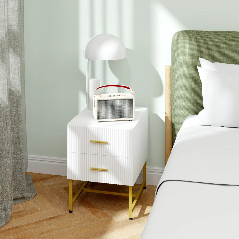 HOMCOM 2 Pieces Nightstands with Storage, Modern Bedside Tables with 2 Fluted Drawers and Gold Legs for Bedroom, White
