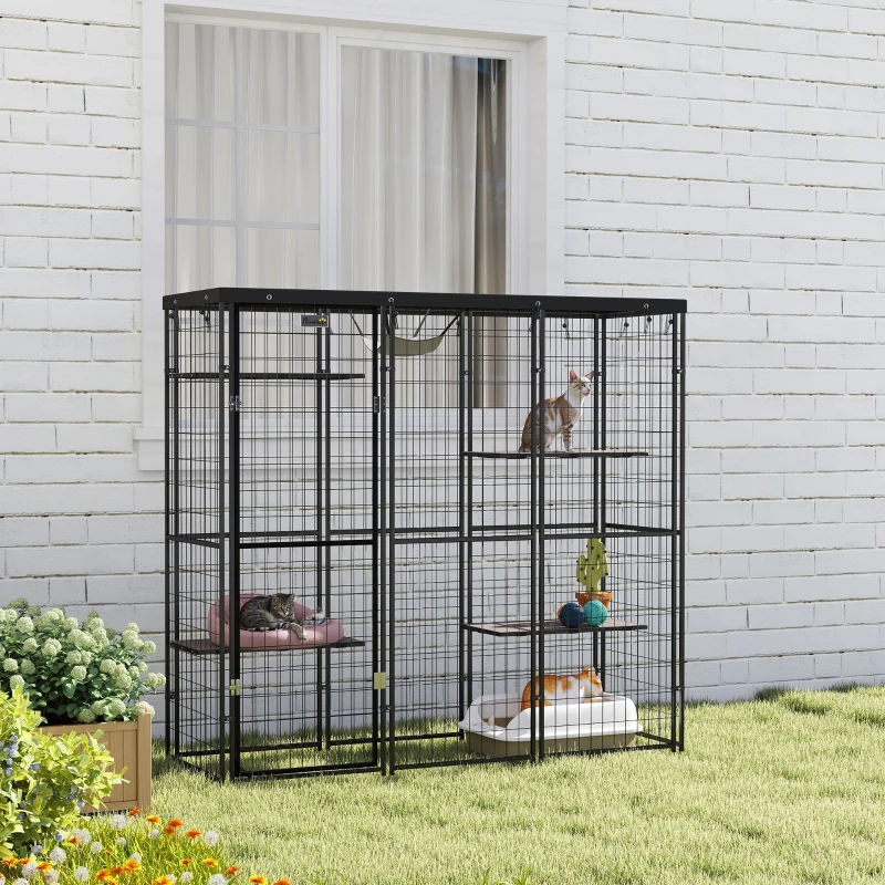PawHut Weld Wire Catio Outdoor Indoor with Waterproof Cover, 4 Jumping Platforms, Hammock, for 1-3 Kittens, 69" x 22" x 62"(m-7)