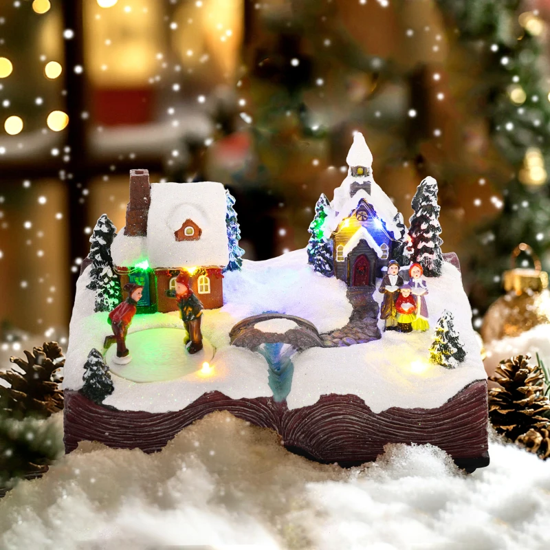 HOMCOM Christmas Village Houses with LED Lights, Music, Christmas Village Decoration with Rotating Ice Skaters, Battery Operated
