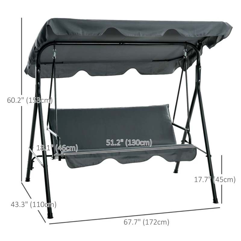 Outsunny 3-Seater Outdoor Porch Swing with Adjustable Canopy, Patio Swing Chair for Garden, Poolside, Backyard, Grey