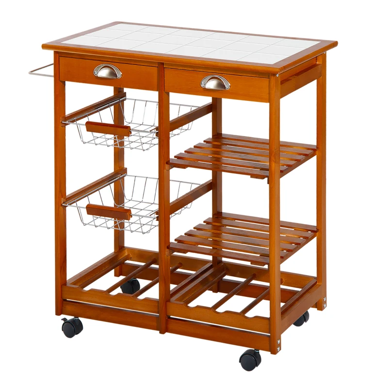 HOMCOM Rolling Kitchen Trolley Cart 4 Tier Storage Wooden Table Rack 2 Drawers Baskets Countertop