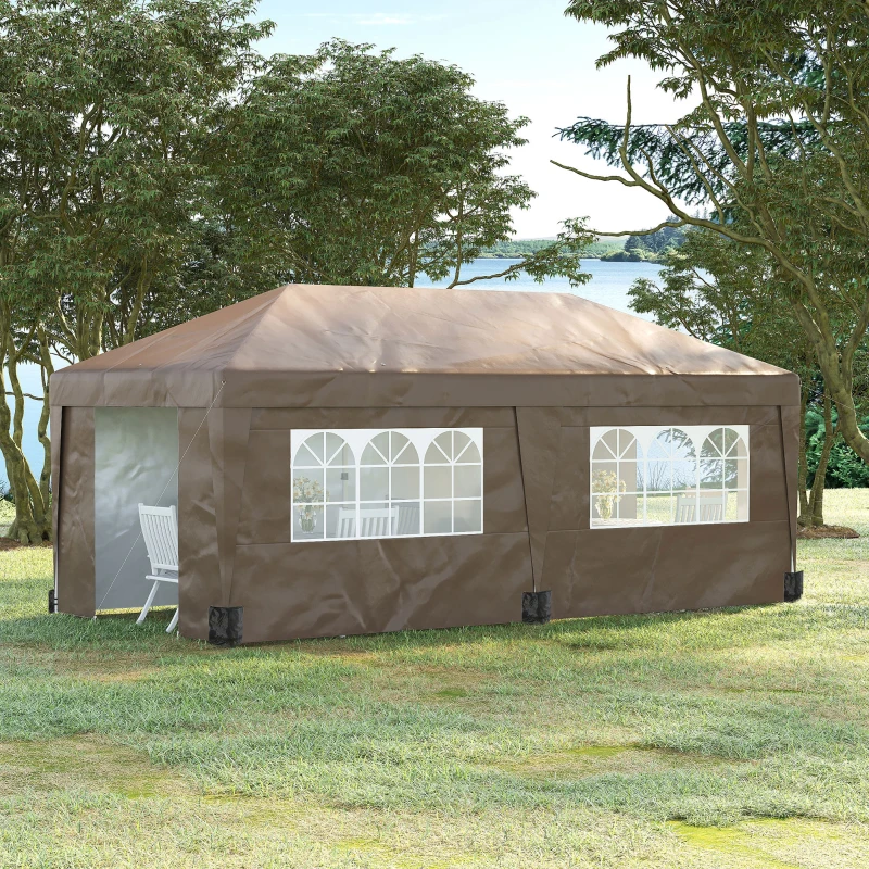 Outsunny 10' x 19.5' Pop Up Canopy Tent Height Adjustable Event Shelter w/ Sidewalls, Leg Weight Bags, Wheeled Carry Bag, Brown