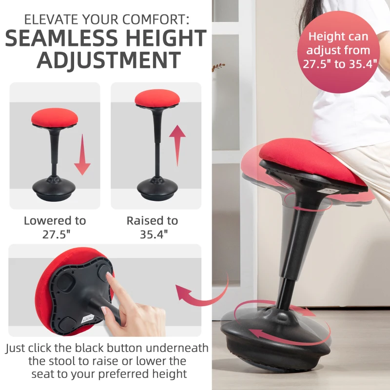 HOMCOM Backless Wobble Chair, Adjustable Active Ergonomic Stool Chair, with Rocking Motion, Padded, Red