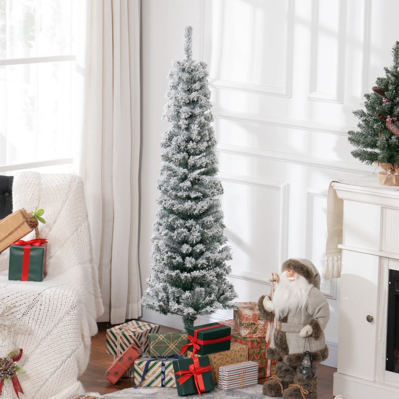 HOMCOM 5ft Flocked Christmas Tree, Pencil Christmas Tree with Realistic Branch Tips, Folding Metal Stand, Green