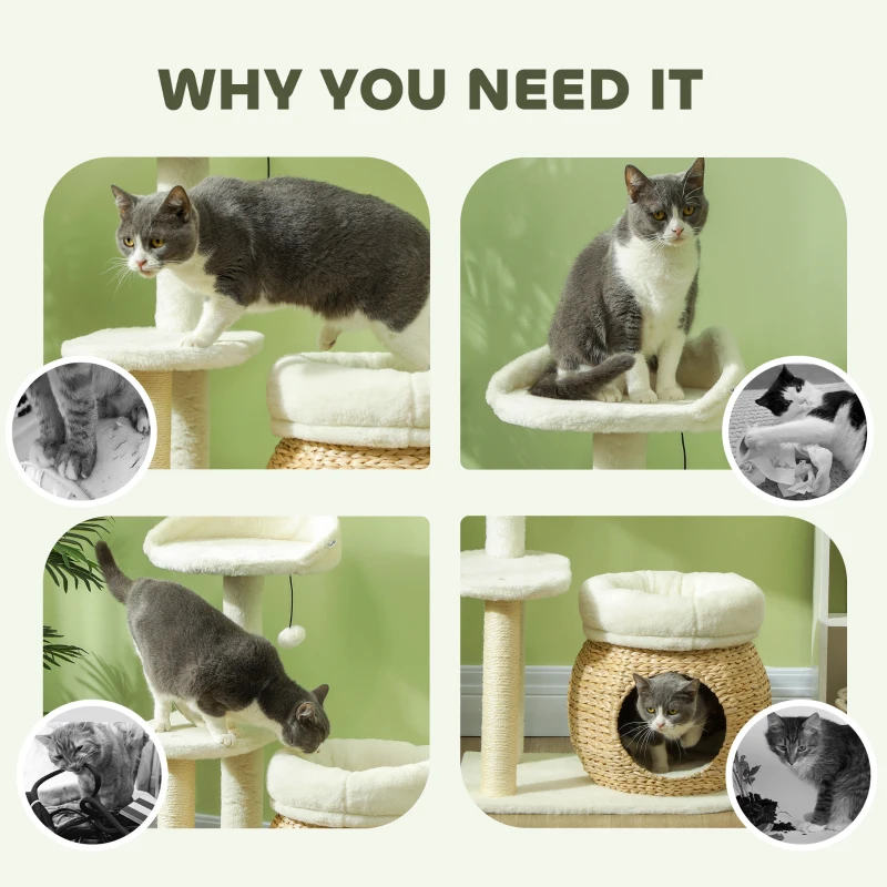 PawHut 31" Cat Tree Tower with Scratching Posts, Cat Condo, Beds, Platform and Toy Ball for Indoor Cats, Cream White