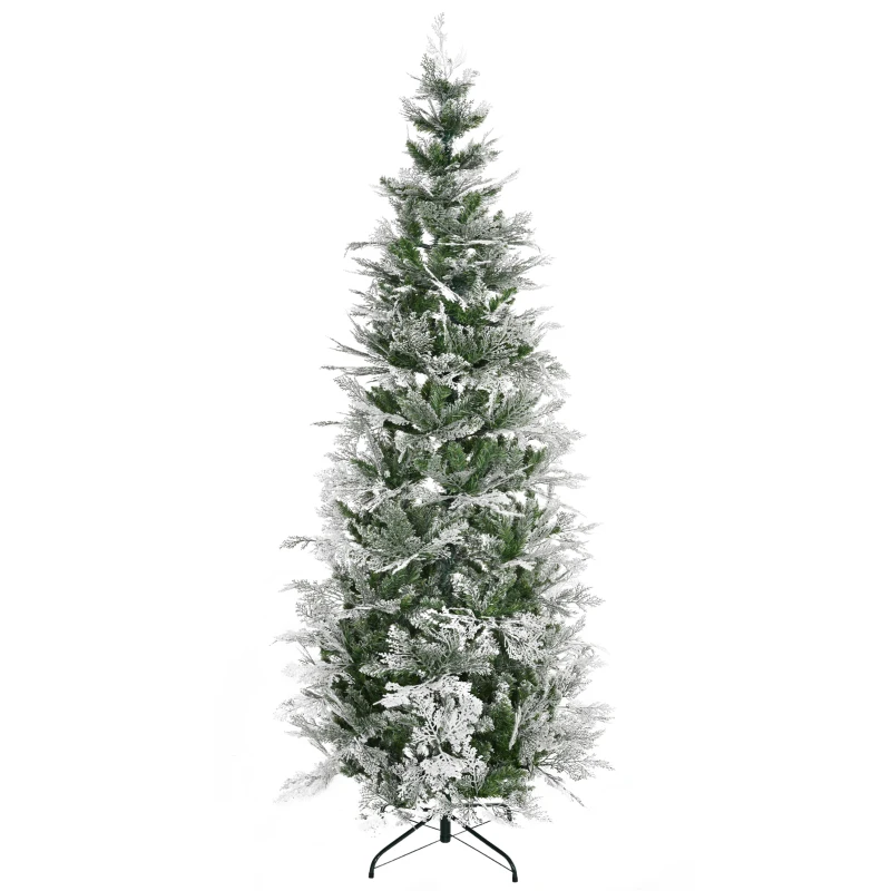 HOMCOM 7.5 Feet Pencil Snow Flocked Artificial Christmas Tree with 880 Realistic Cypress Branches, Auto Open, Green