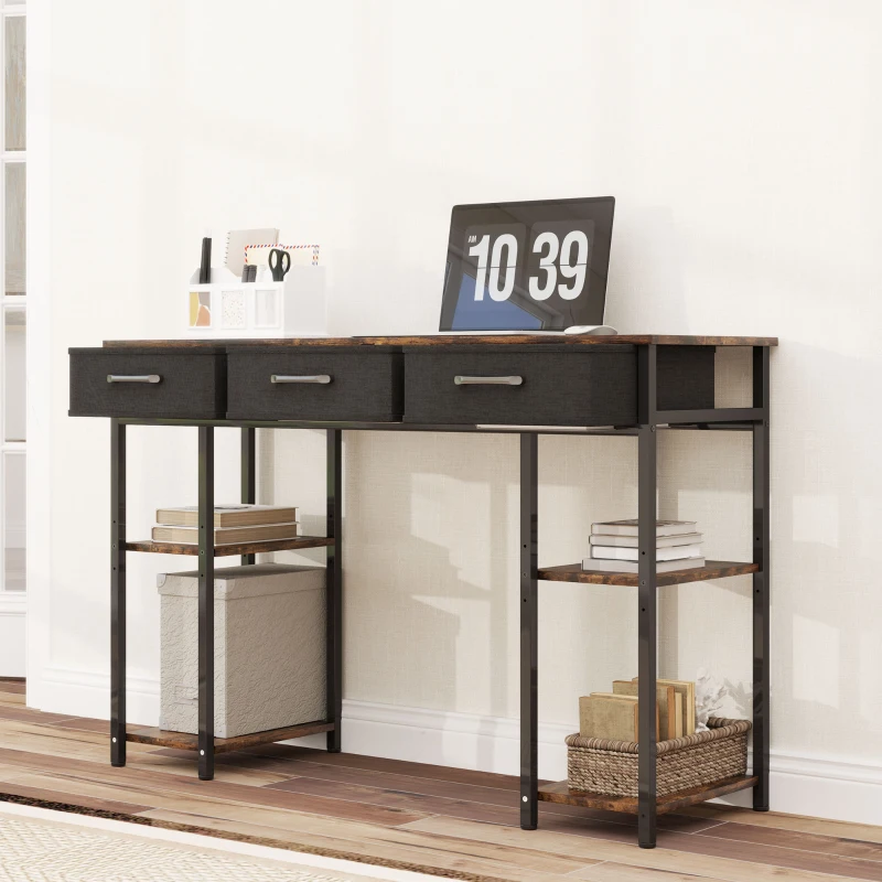 HOMCOM 47" Small Computer Desk, Writing Desk with Fabric Drawers, Home Office Desk with Adjustable Shelves, Rustic Brown