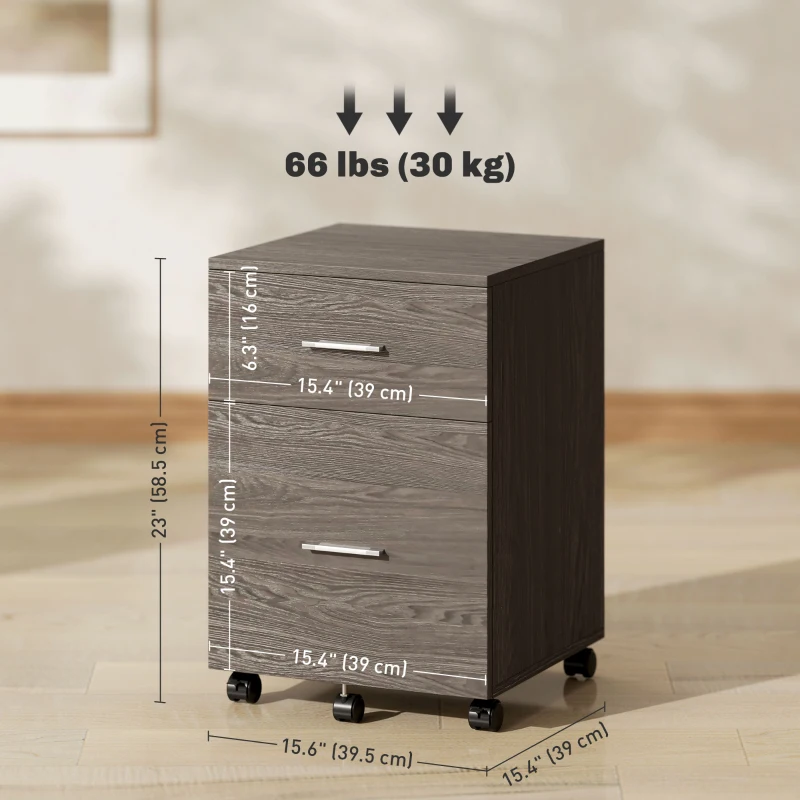 Vinsetto Mobile Filing Cabinet, Vertical File Cabinet with 2 Drawers, Wheels, for Letter or A4 File, Grey