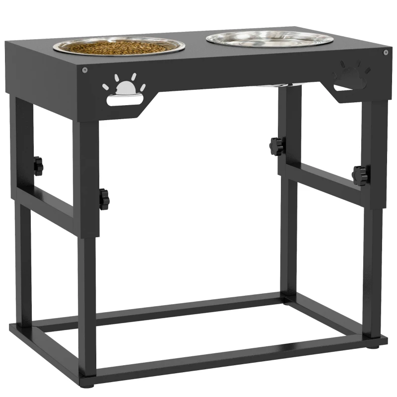 PawHut Dog Food Bowls, 7 Adjustable Height Elevated Dog Bowls w/ Stainless Steel, Black