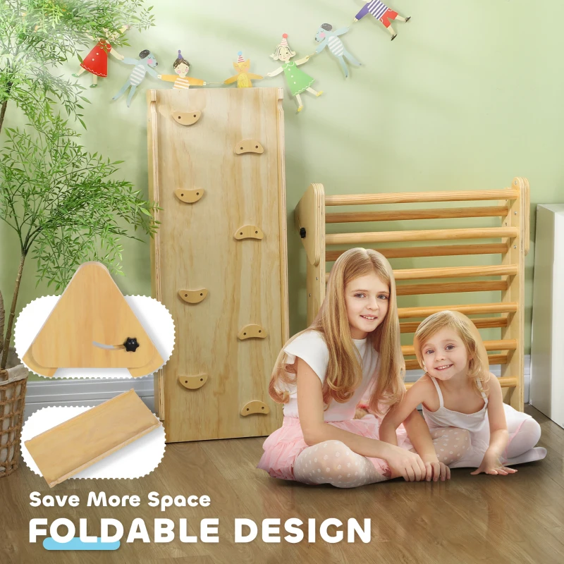 Qaba Pikler Triangle Set, 3 in 1 Climbing Toys with Ramp for Toddlers, Nature Wood