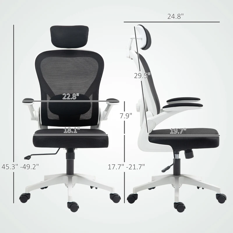 HOMCOM Mesh Office Chair, Ergonomic Desk Chair with Flip-up Armrest, Rotatable Headrest, Adjustable Lumbar Support, Black