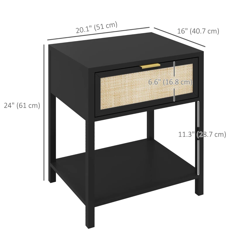 HOMCOM Boho Nightstand, Bedside Table with Rattan Drawer and Open Shelf, Side End Table for Bedroom, Living Room, Black