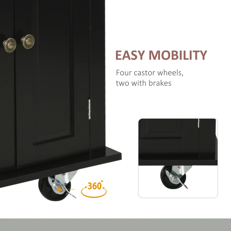 HOMCOM Rolling Kitchen Island with Rubber Wood Top and Storage, Spice Rack, Towel Rack, Black