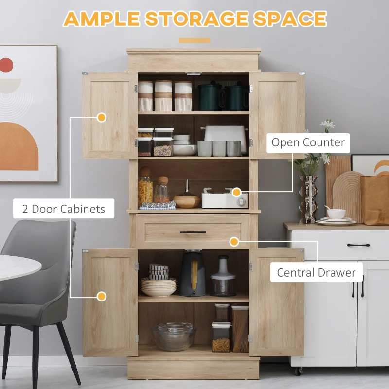 HOMCOM Modern Freestanding Kitchen Pantry Cabinet Cupboard with Doors Open Shelves Adjustable Shelving Microwave Space, Oak