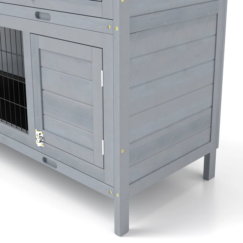 PawHut 2 Tier Wooden Rabbit Hutch Bunny Pet House Wooden Coop Run, Grey