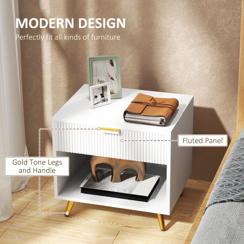 HOMCOM Nightstand with Fluted Panel, Bedside Table with Drawer and Open Compartment, Modern Night Table for Bedroom, White