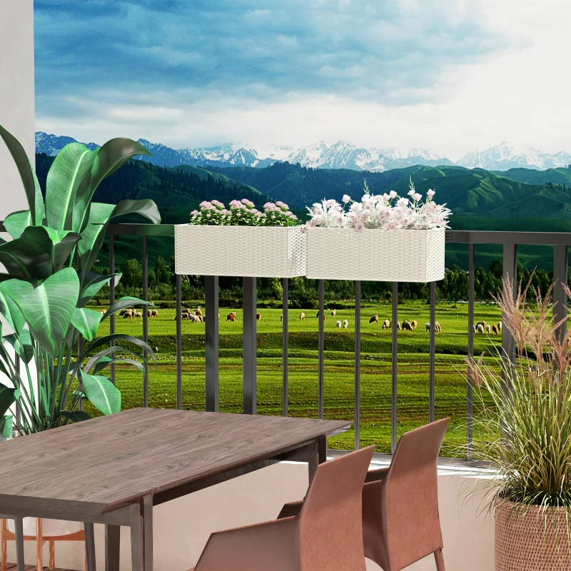 Outsunny 2 Pack 20 Inch Railing Flower Pots, Hanging Flower Pots with Hooks, Drainage Holes for Fence, Rattan Look, White