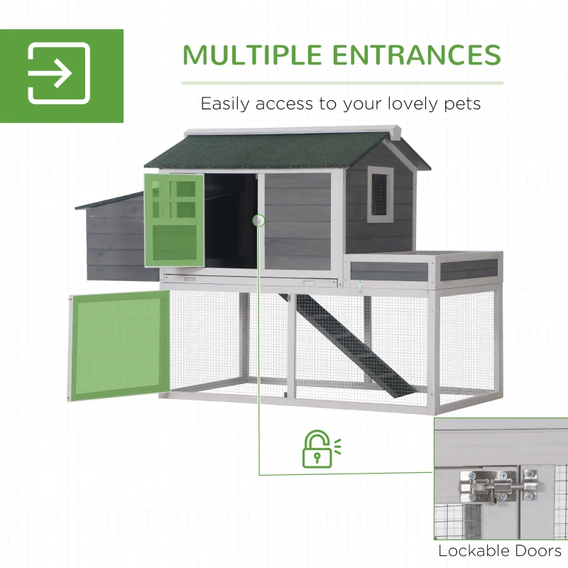 PawHut 63" Wooden Chicken Coop Hen House Poultry Cage for Outdoor Backyard with Raised Garden Bed, Run Area, Nesting Box and Removable Tray, Gray