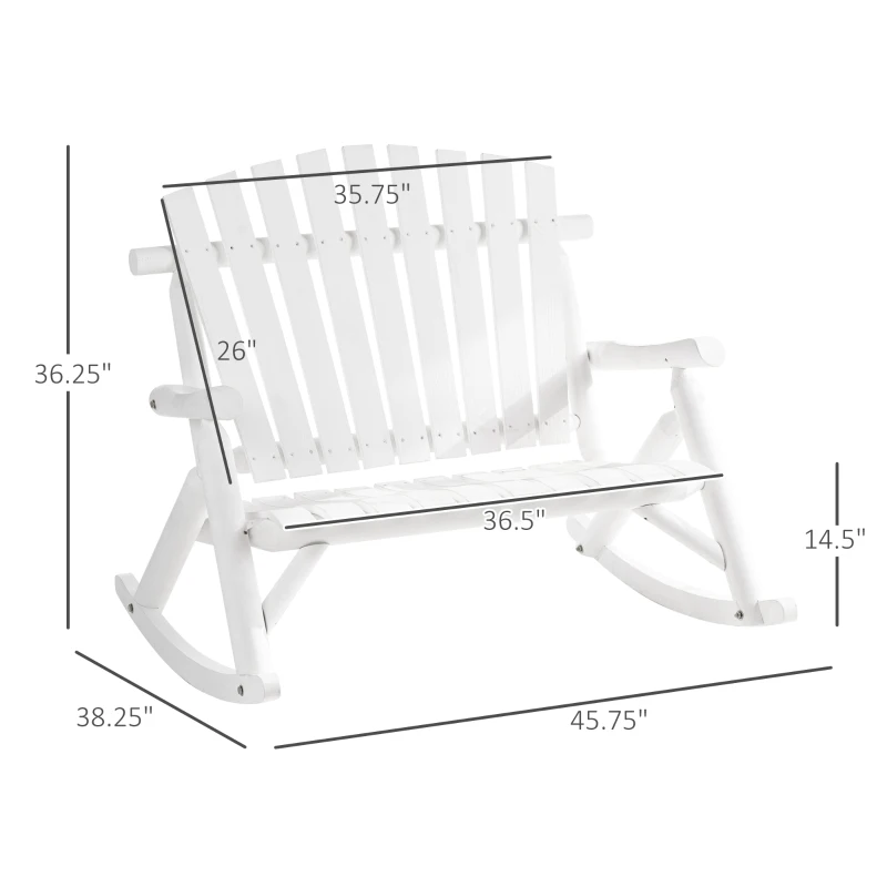 Outsunny Outdoor Wooden Rocking Chair, Double-Person Adirondack Rocking Patio Chair with Rustic High Back, Slatted Seat and Backrest for Indoor, Backyard, Garden, White
