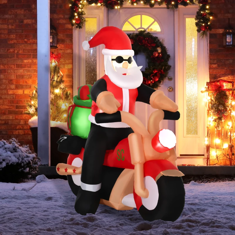 HOMCOM 6' Christmas Inflatable Santa Claus Riding A Motorcycle with Toy Bag, Outdoor Blow-Up Yard Decoration with LED Lights Display
