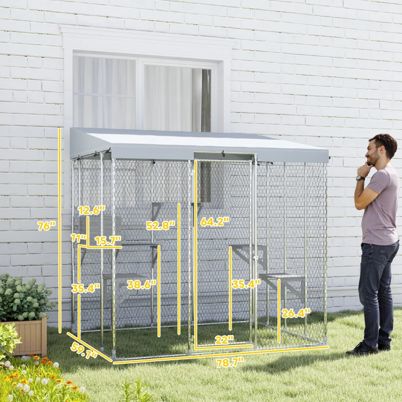 PawHut 79" Galvanized Steel Large Catio with Waterproof Canopy, Sleeping Box, Jumping Platforms, for 1-3 Kittens, Silver(m-3)