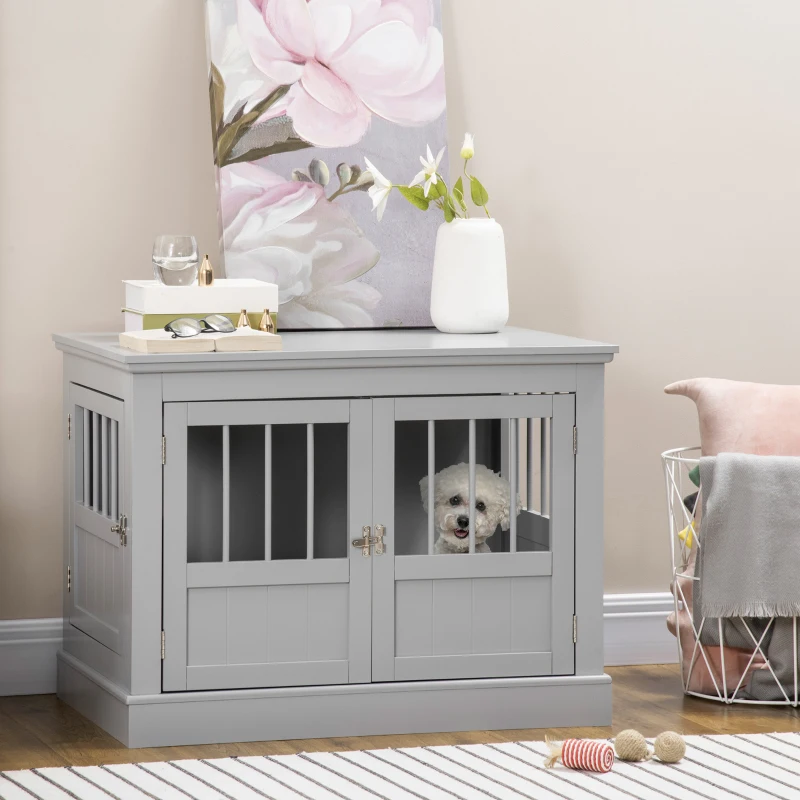 PawHut Wooden Dog Crate End Table, Dog Crate Furniture with Triple Doors, Puppy Crate for Small Dogs Indoor Use, Dark Gray