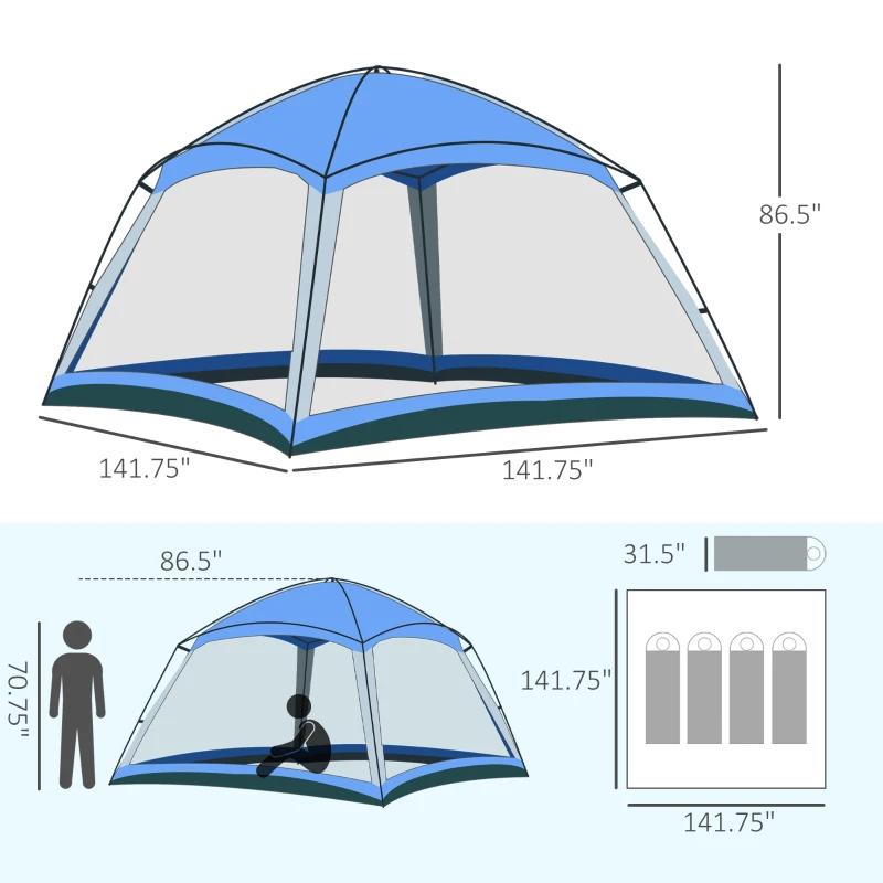 Outsunny 12' x 12' Screen House Room, 8 Person Camping Tent w/ Carry Bag and 4 Mesh Walls for Hiking, Backpacking, and Traveling, Easy Set Up, Royal Blue