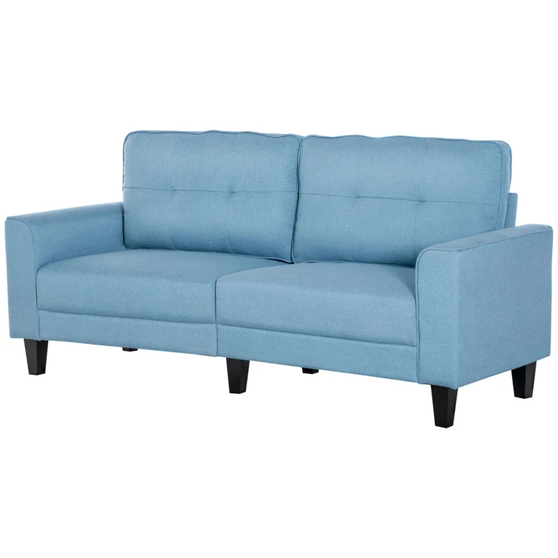HOMCOM 3-Seater Sofa, Mid-Century Linen Couch with Upholstered Seat, Button-Tufted Back Cushion and Rubber Wood Legs for Living Room, Bedroom, Blue