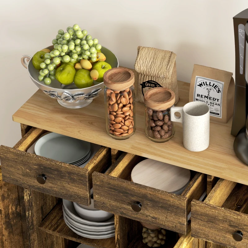 HOMCOM Kitchen Storage Cabinet, Sideboard Floor Cupboard with Solid Wood Top, Adjustable Shelf, and 3 Drawers, Brown