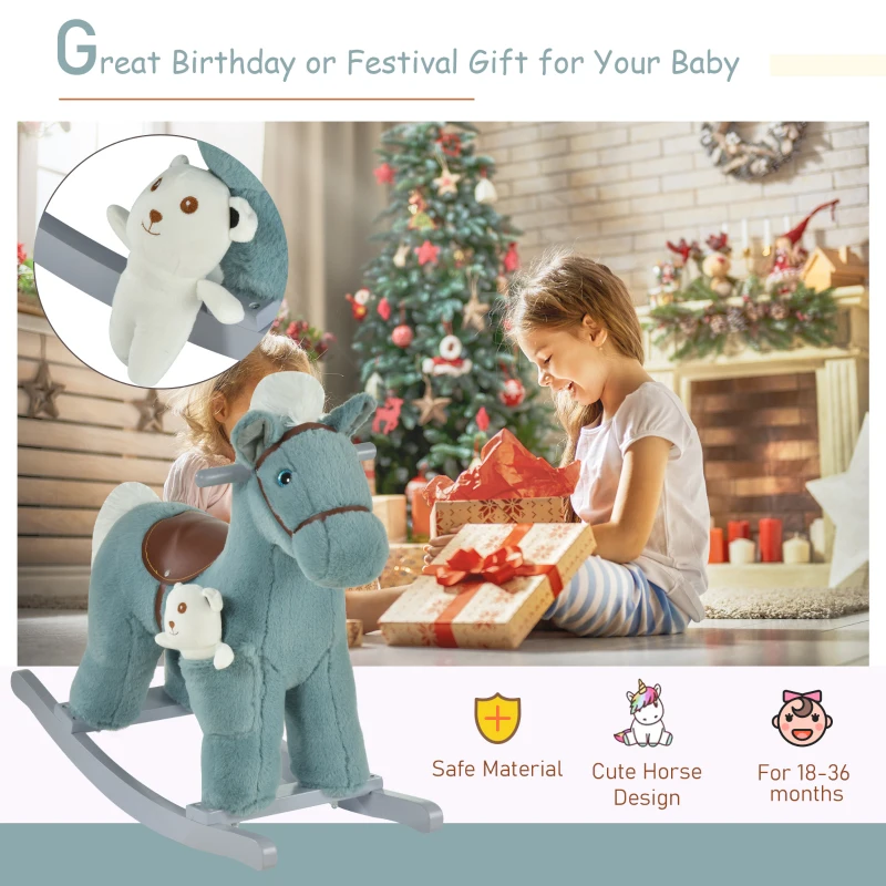 Qaba Kids Rocking Horse Plush Animal on Wooden Rockers with Sounds, Wooden Base and Bear Toy Baby Rocking Chair Blue