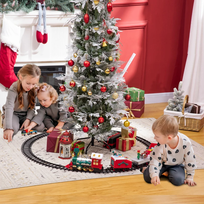 Qaba Electric Train Set for Kids, Battery-Powered Christmas Train Toy Set with Sounds & Lights, Classic Toy Train Set with Gifts Box for 3-8 Years Old Boys Girls, Red